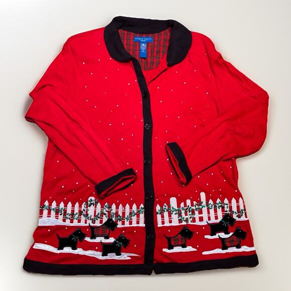Karen Scott Sport Christmas Sweater M Red Scottie Dog Embroidered Cardigan - Picture 1 of 6
